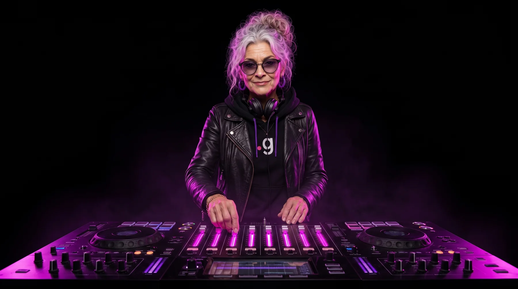 GrandMa behind a mixing console with nine glowing faders